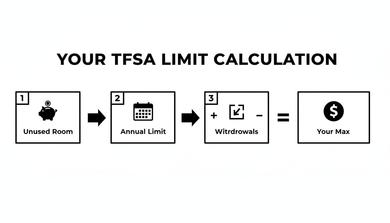 Diagram illustrating the calculation of your TFSA limit, showing unused room, annual limit, and withdrawals.