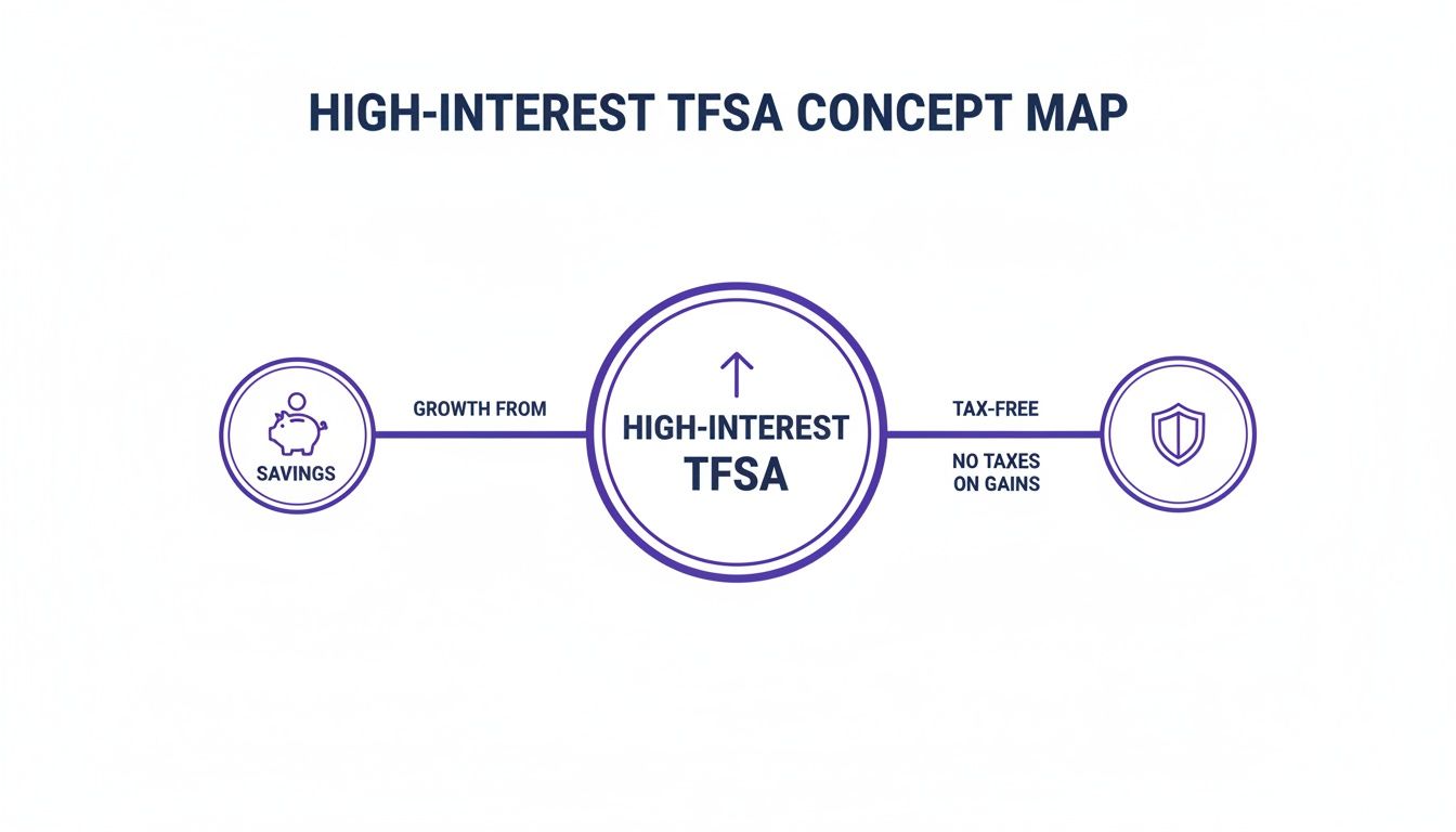 Concept map illustrating High-Interest TFSA, showing growth from savings and its tax-free benefits.
