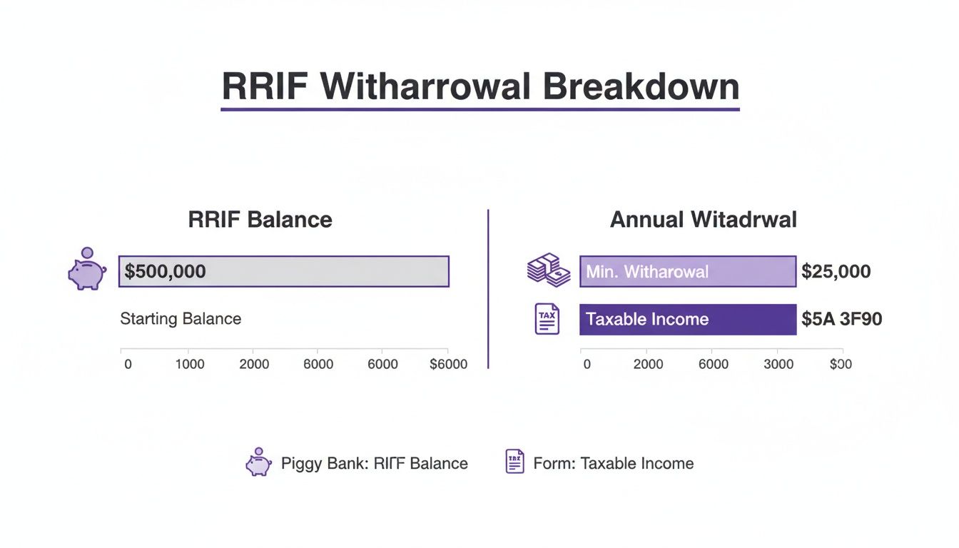 An RRIF withdrawal breakdown infographic showing a starting balance of $500,000 and an annual minimum withdrawal of $25,000.