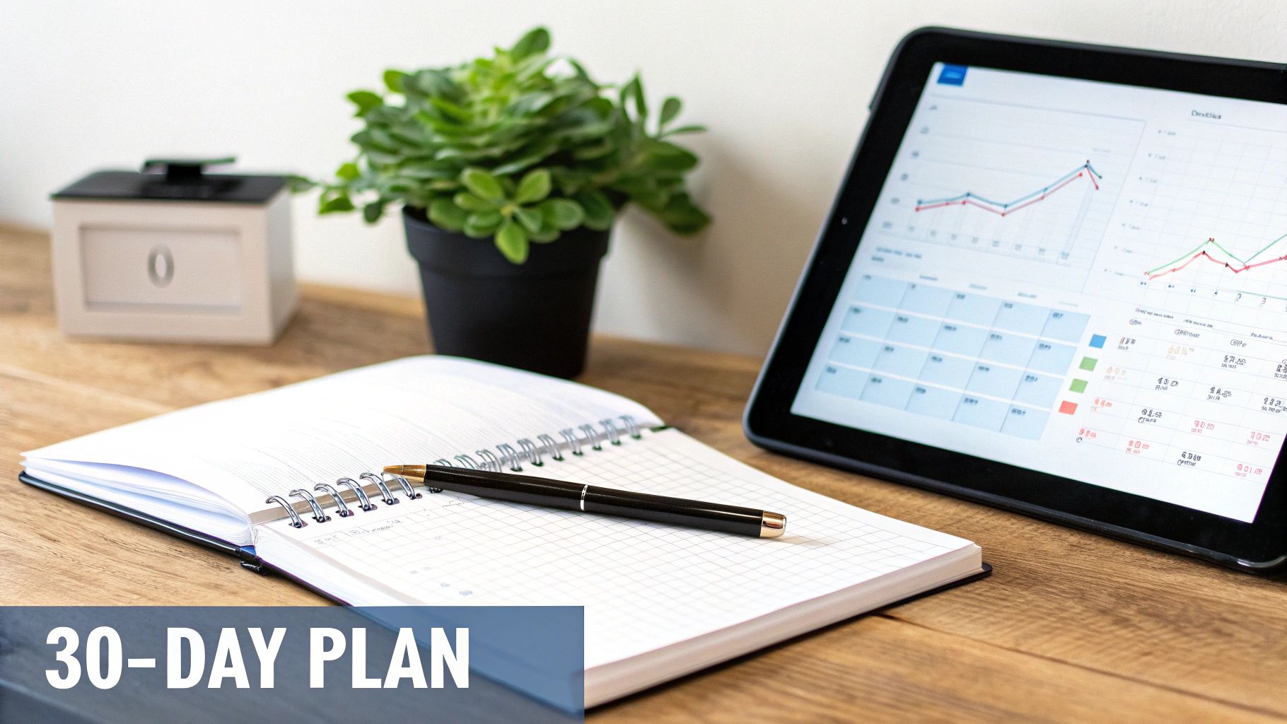 A desk with an open notebook, pen, and a tablet displaying financial graphs and data.