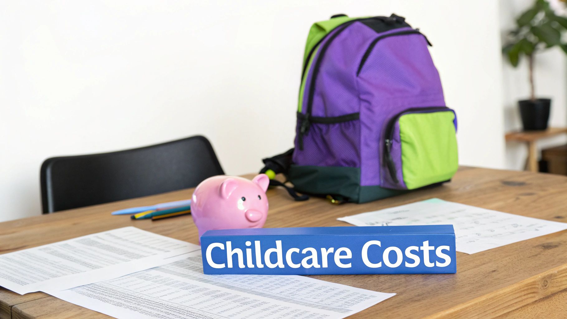 A wooden desk features a blue block saying 'Childcare Costs' next to a piggy bank and a backpack.