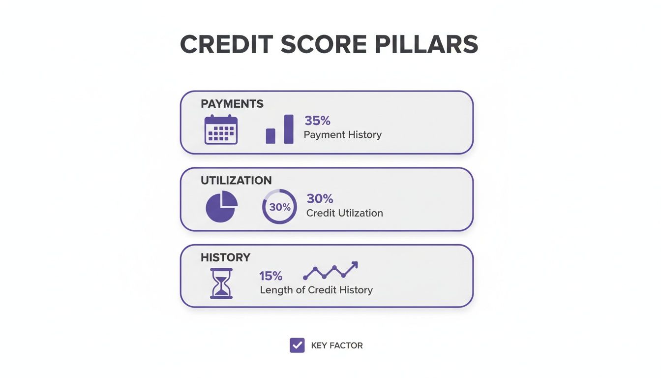 Infographic detailing credit score pillars: Payment History (35%), Credit Utilization (30%), Length of Credit History (15%).