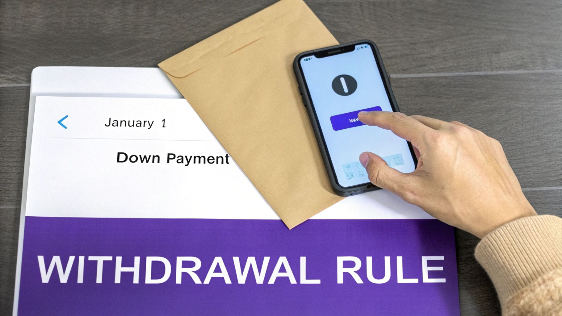 A hand interacts with a smartphone next to a document showing 'Withdrawal Rule' and 'Down Payment' text.