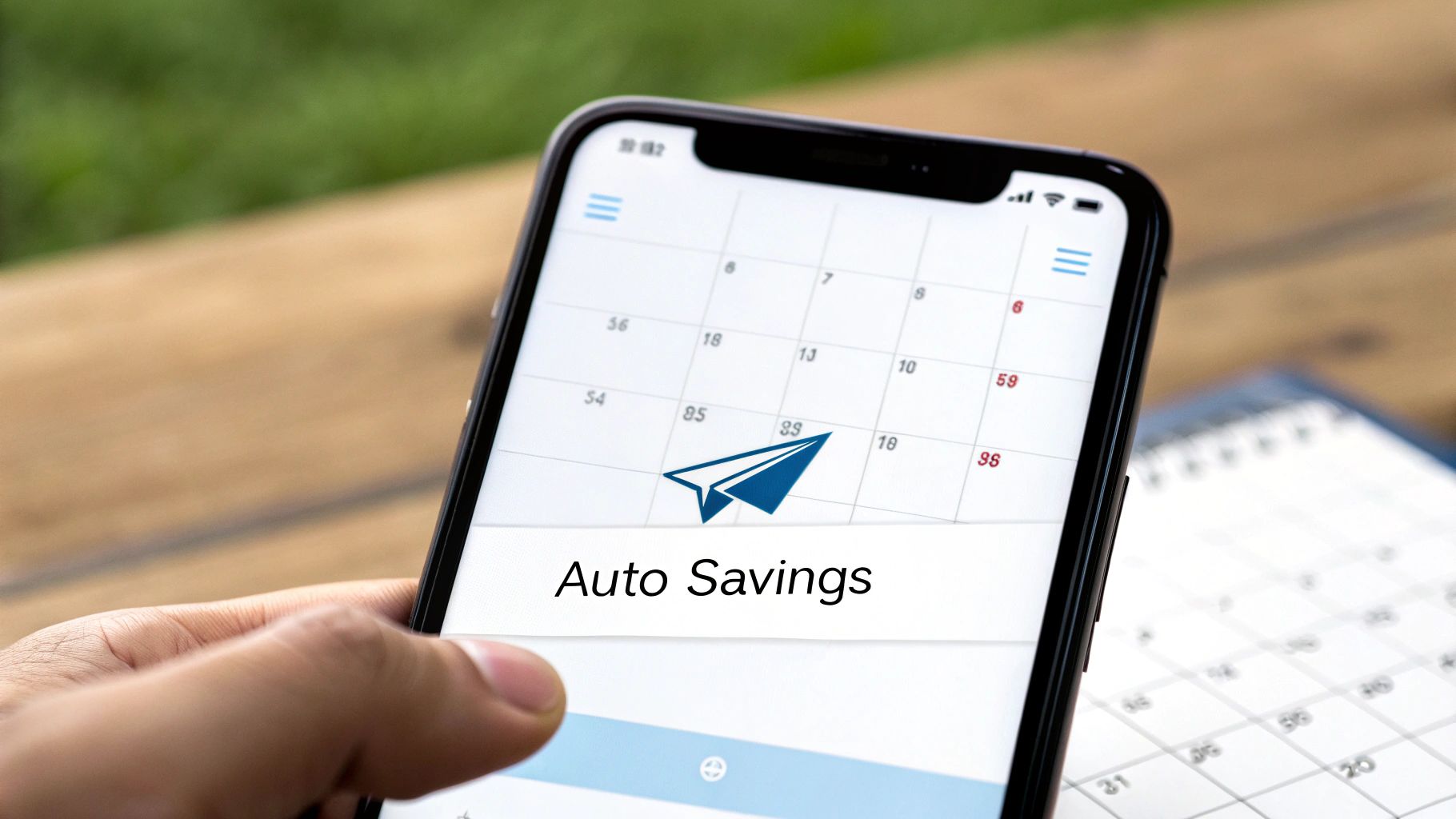 A hand holds a smartphone displaying an 'Auto Savings' feature with a paper plane icon and calendar.