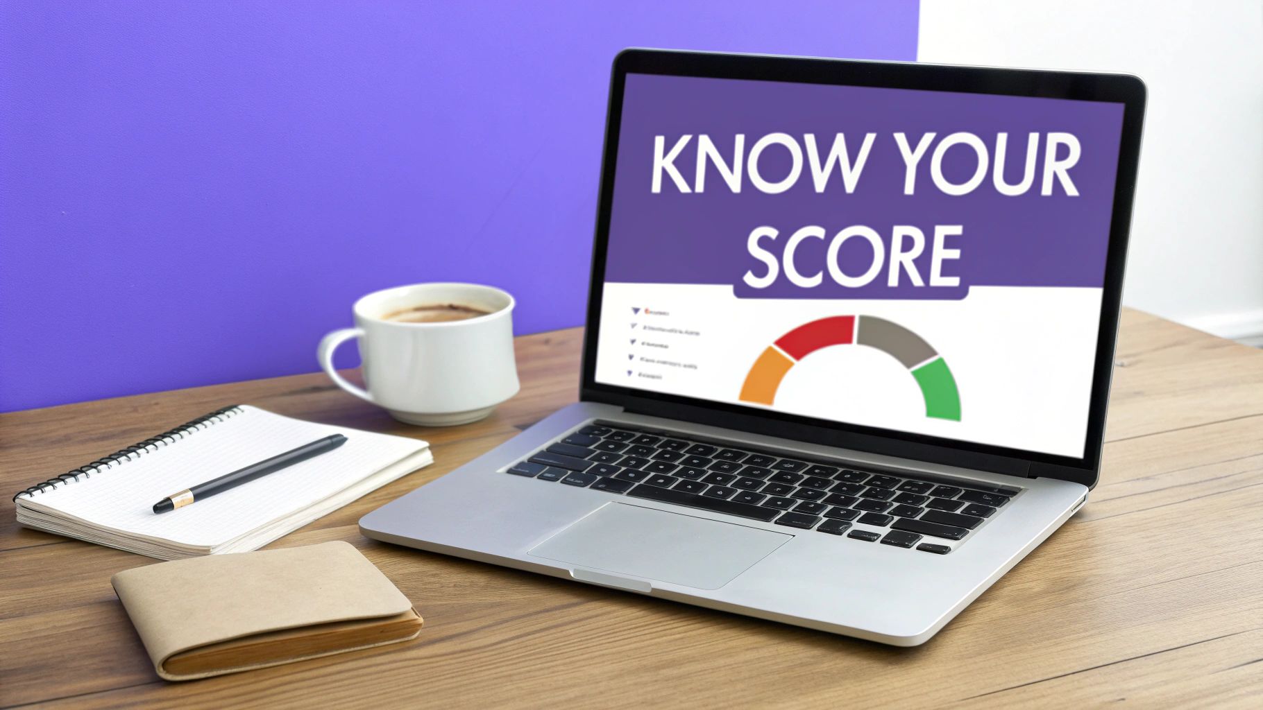 A laptop on a wooden desk displays 'KNOW YOUR SCORE' and a credit score meter, with coffee and notebooks nearby.