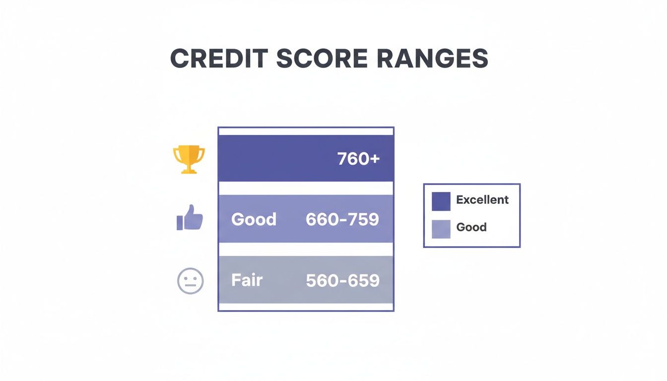 Chart displaying credit score ranges: Excellent (760+), Good (660-759), and Fair (560-659).