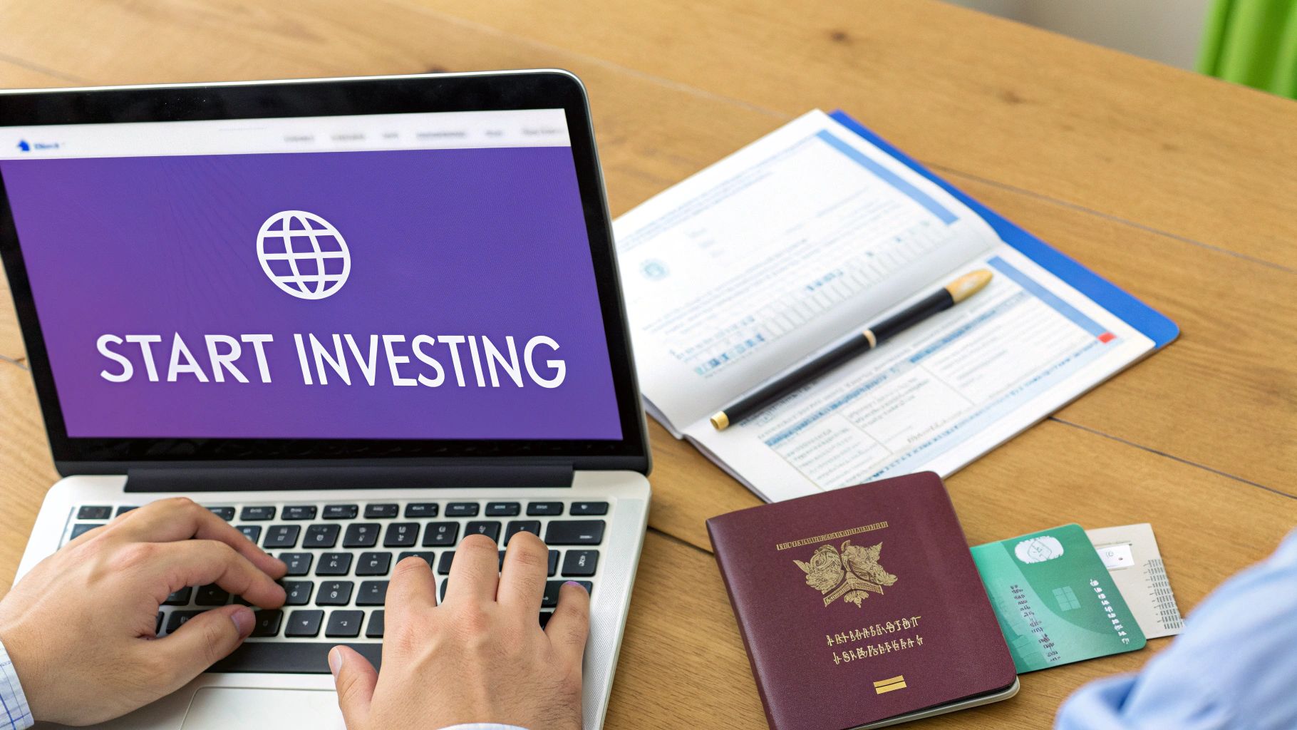 A person typing on a laptop displaying 'START INVESTING', with a passport and financial documents nearby.