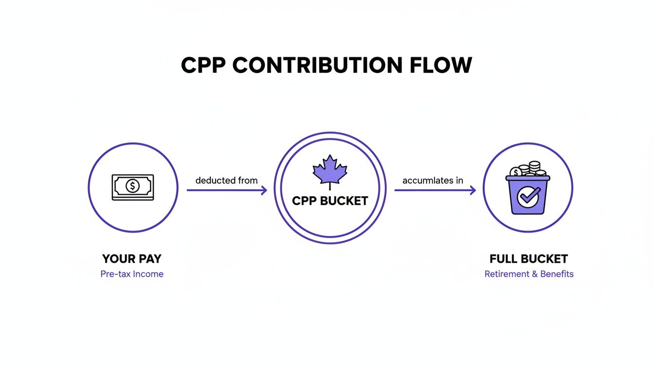 Flowchart showing Canada Pension Plan contributions deducted from pay and accumulating for retirement benefits.