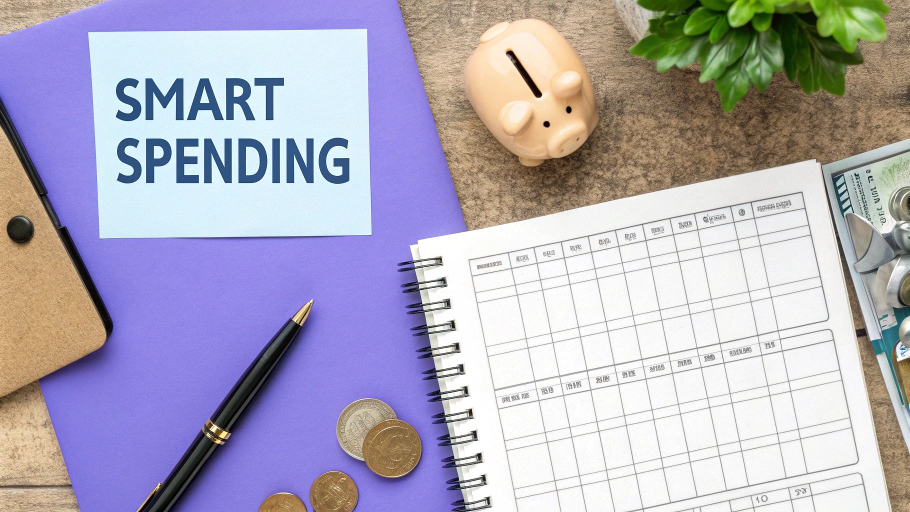 A flat lay showing a 'SMART SPENDING' note, piggy bank, money, and budget planner for financial planning.