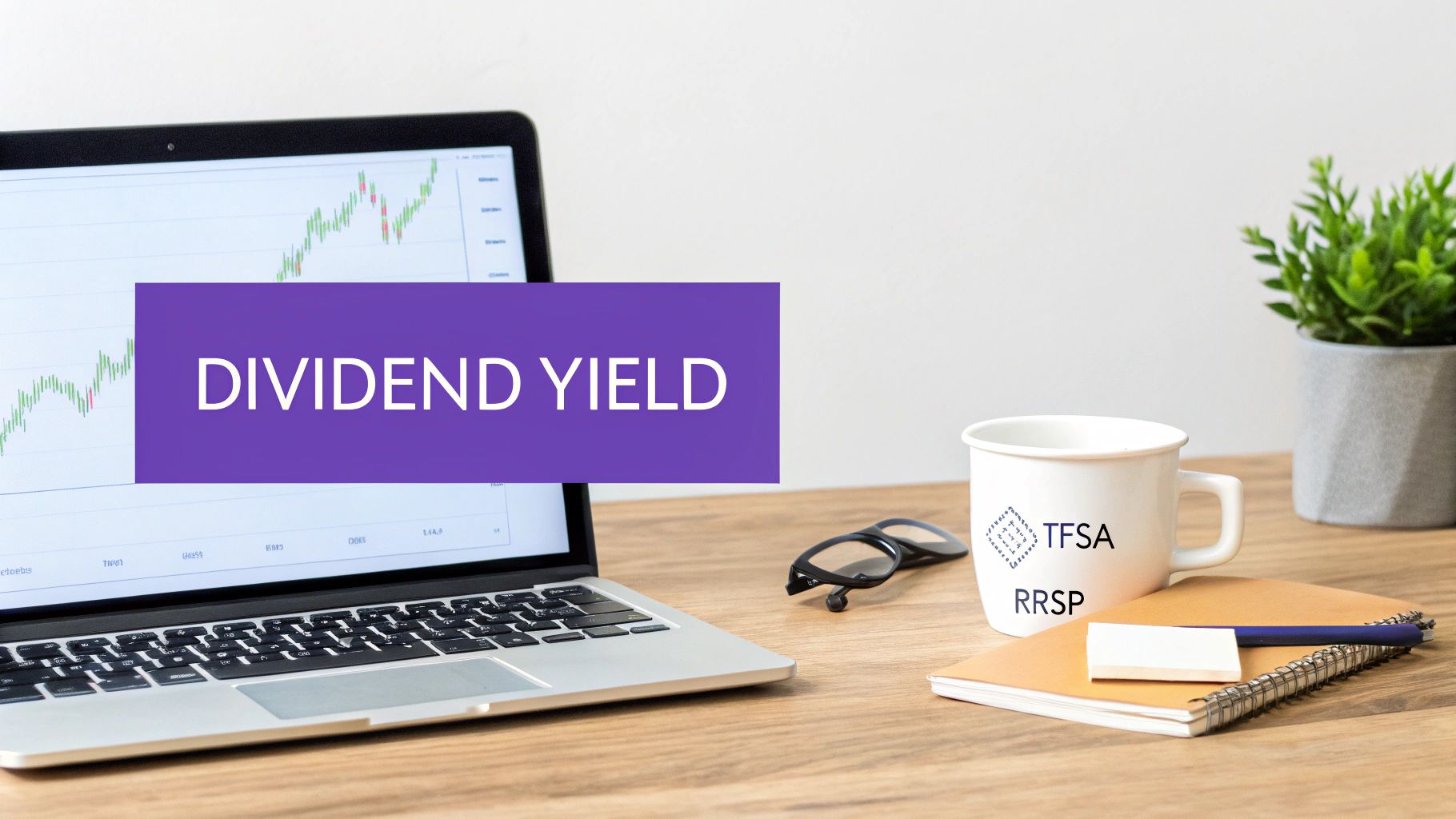 Laptop displaying stock charts with a 'DIVIDEND YIELD' banner, alongside a mug (TFSA, RRSP) and plant.