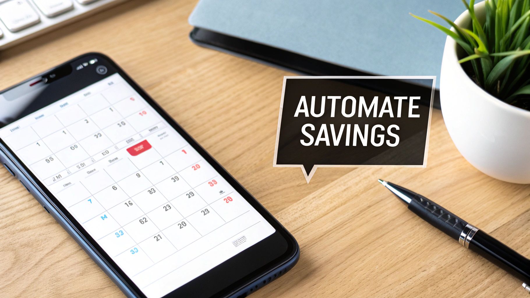 A smartphone displaying a calendar, a pen, and a plant on a desk, with a speech bubble reading 'AUTOMATE SAVINGS'.