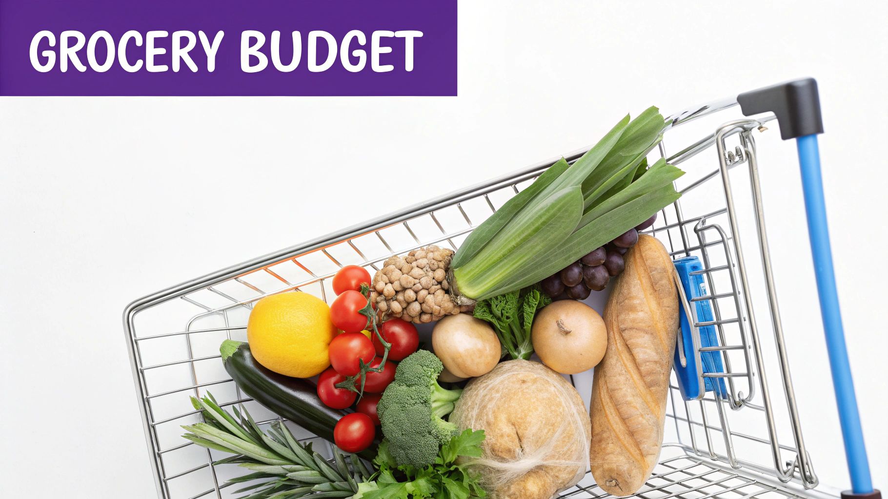A shopping cart filled with fresh fruits, vegetables, and a baguette, with 'GROCERY BUDGET' text.