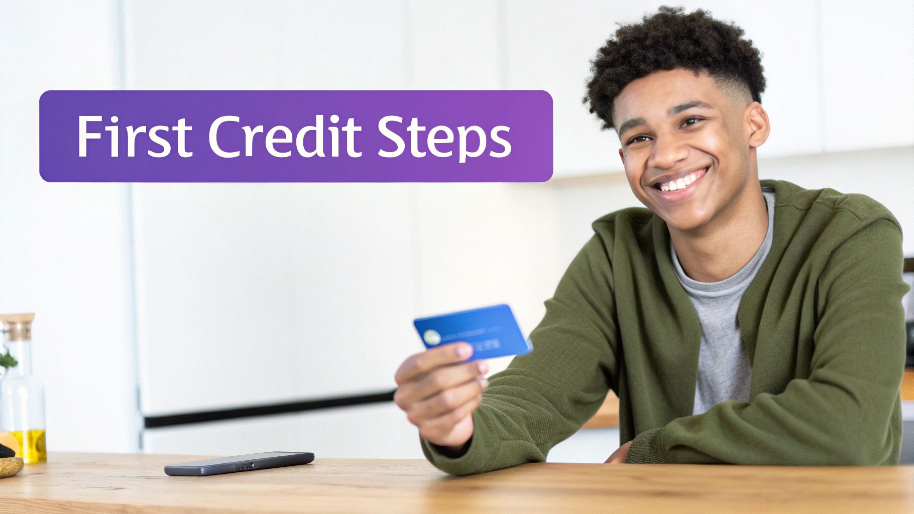 A smiling young man holds a blue credit card, with a 'First Credit Steps' banner.