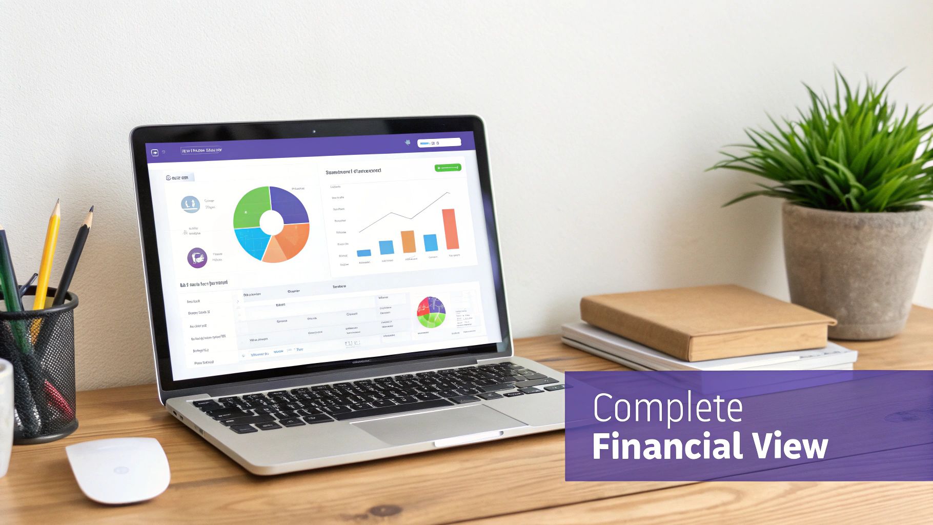 A laptop on a wooden desk displays financial charts and data, with office supplies and a plant.