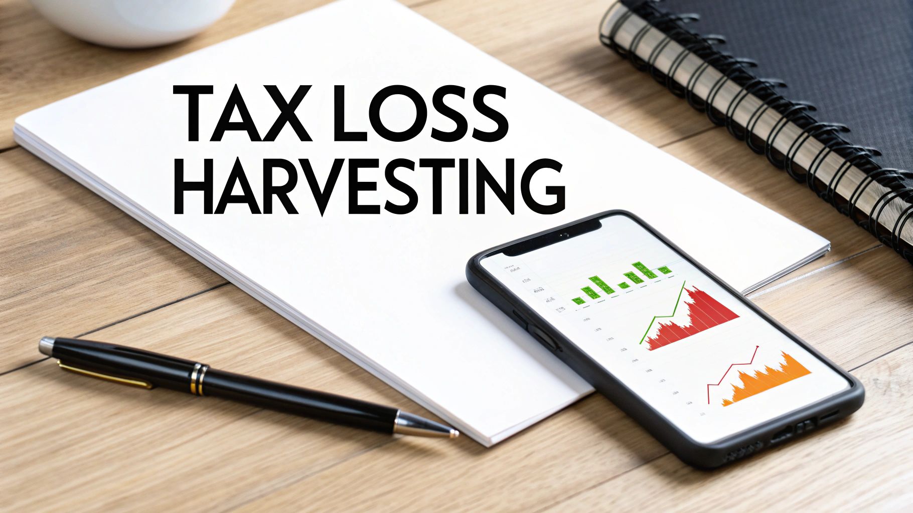 A desk with a notepad displaying 'TAX LOSS HARVESTING' and a phone showing financial graphs.