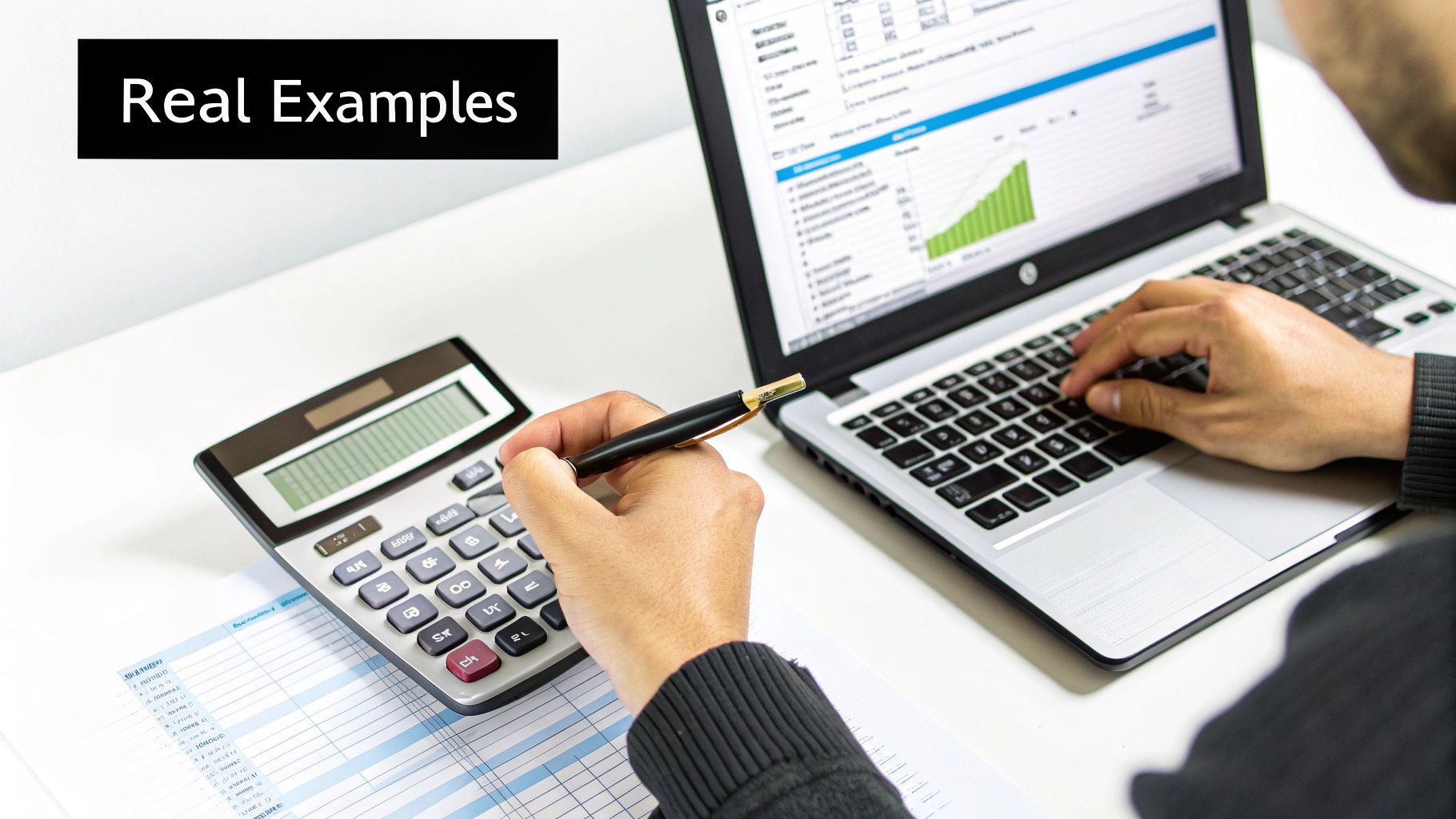 Person calculating finances using a calculator and a laptop with financial charts on the screen.