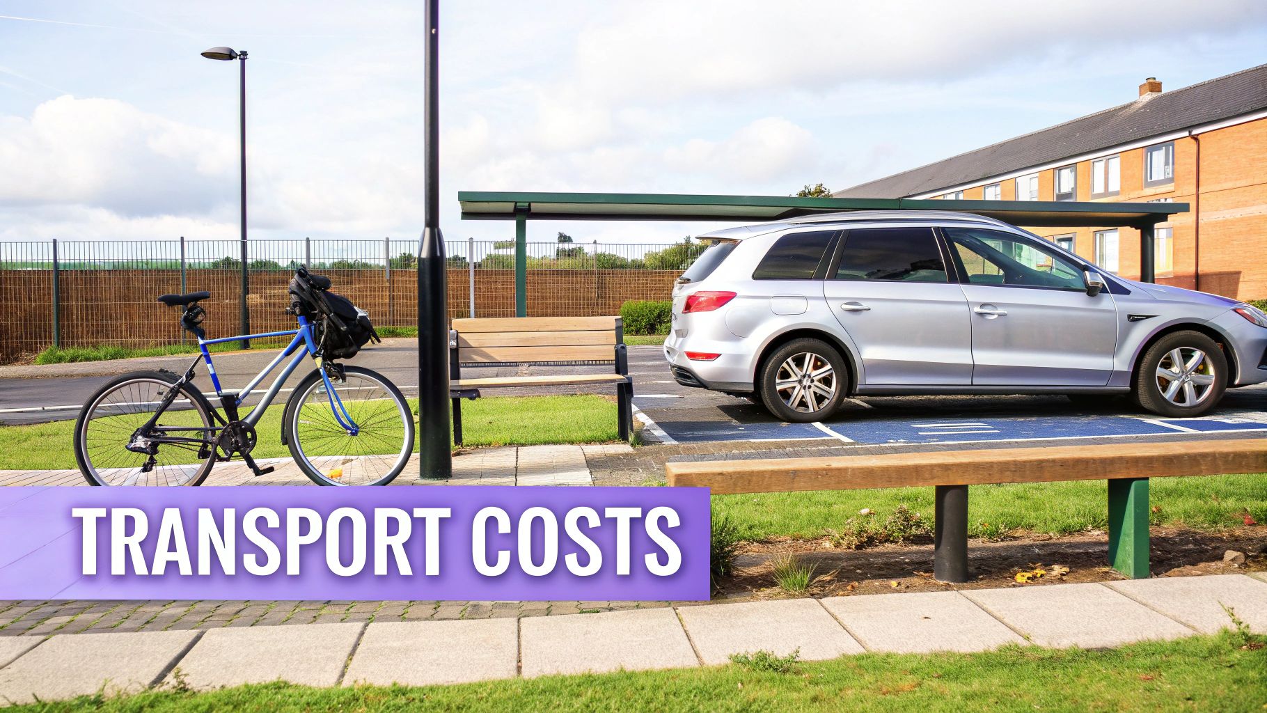 A blue bicycle and a silver car parked in a lot, illustrating transport costs.