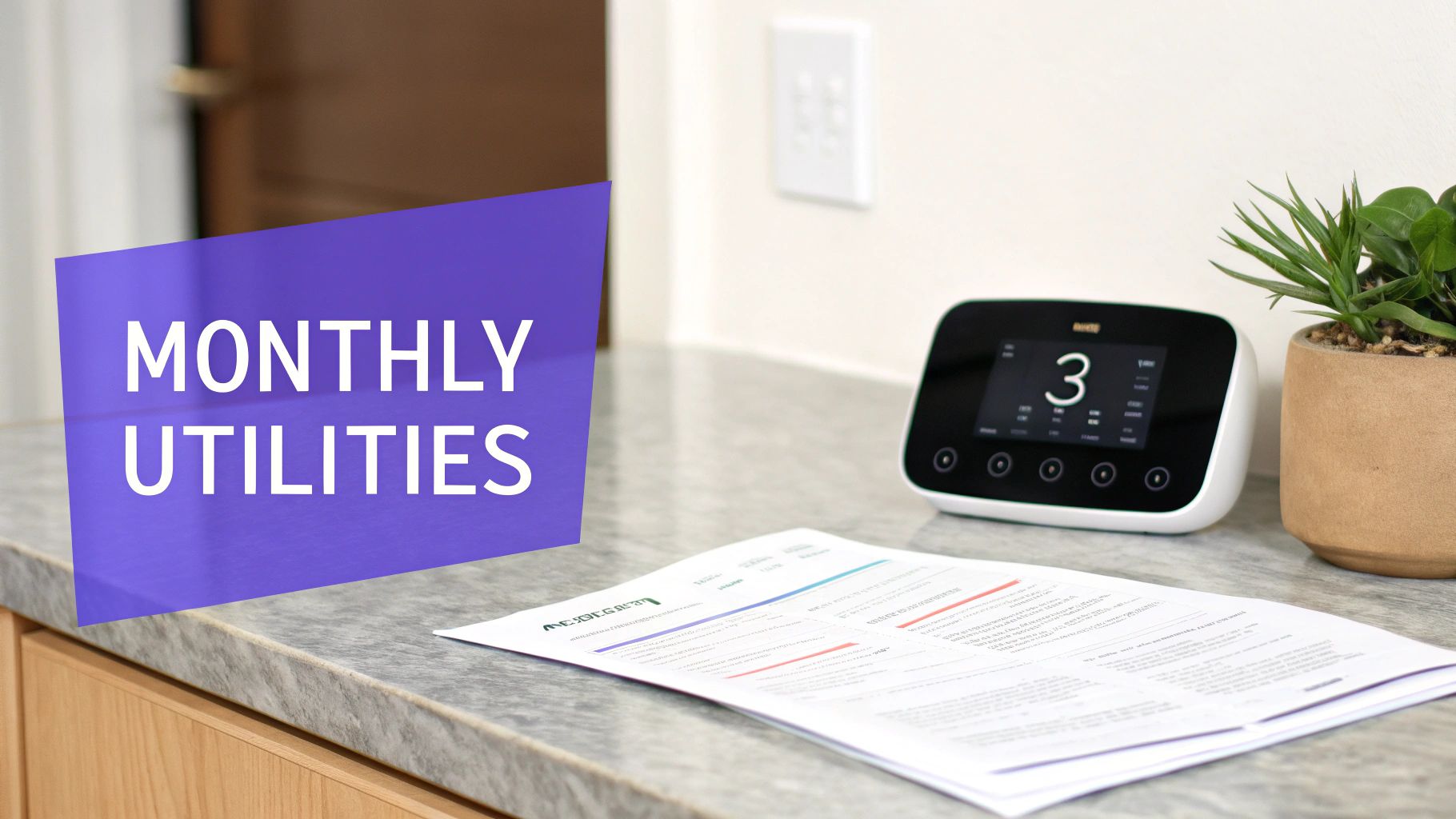 A purple sign saying 'MONTHLY UTILITIES' on a counter next to a smart home device, a plant, and a bill.