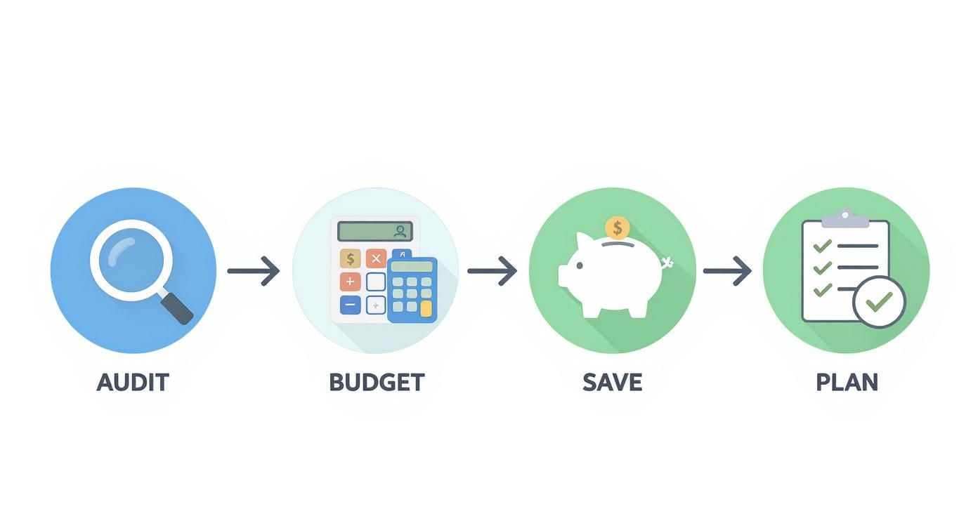 A visual four-step financial process: Audit, Budget, Save, and Plan, shown with icons.