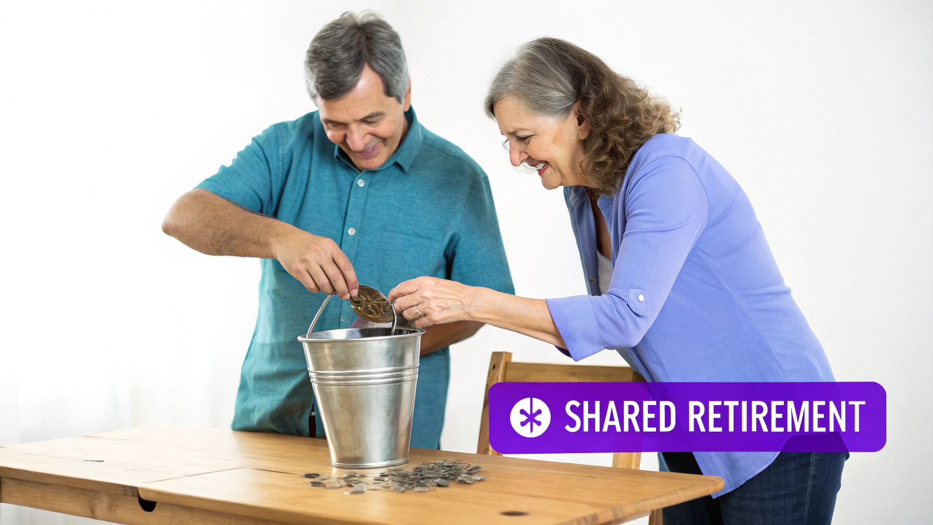A happy senior couple actively contributes coins to a bucket, signifying their shared retirement planning.