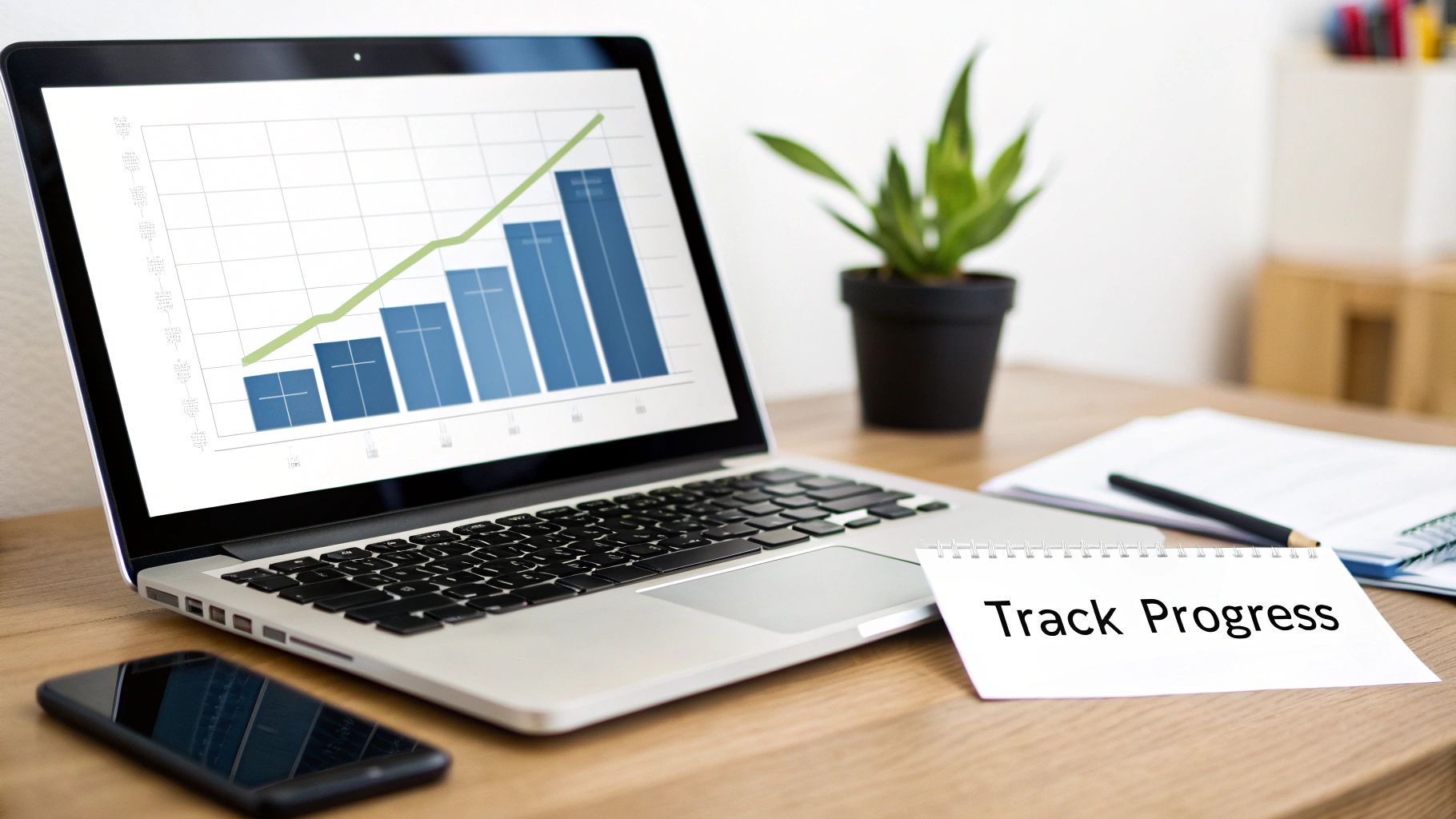 A laptop displaying a progress chart, a smartphone, and a 'Track Progress' notepad on a wooden desk.