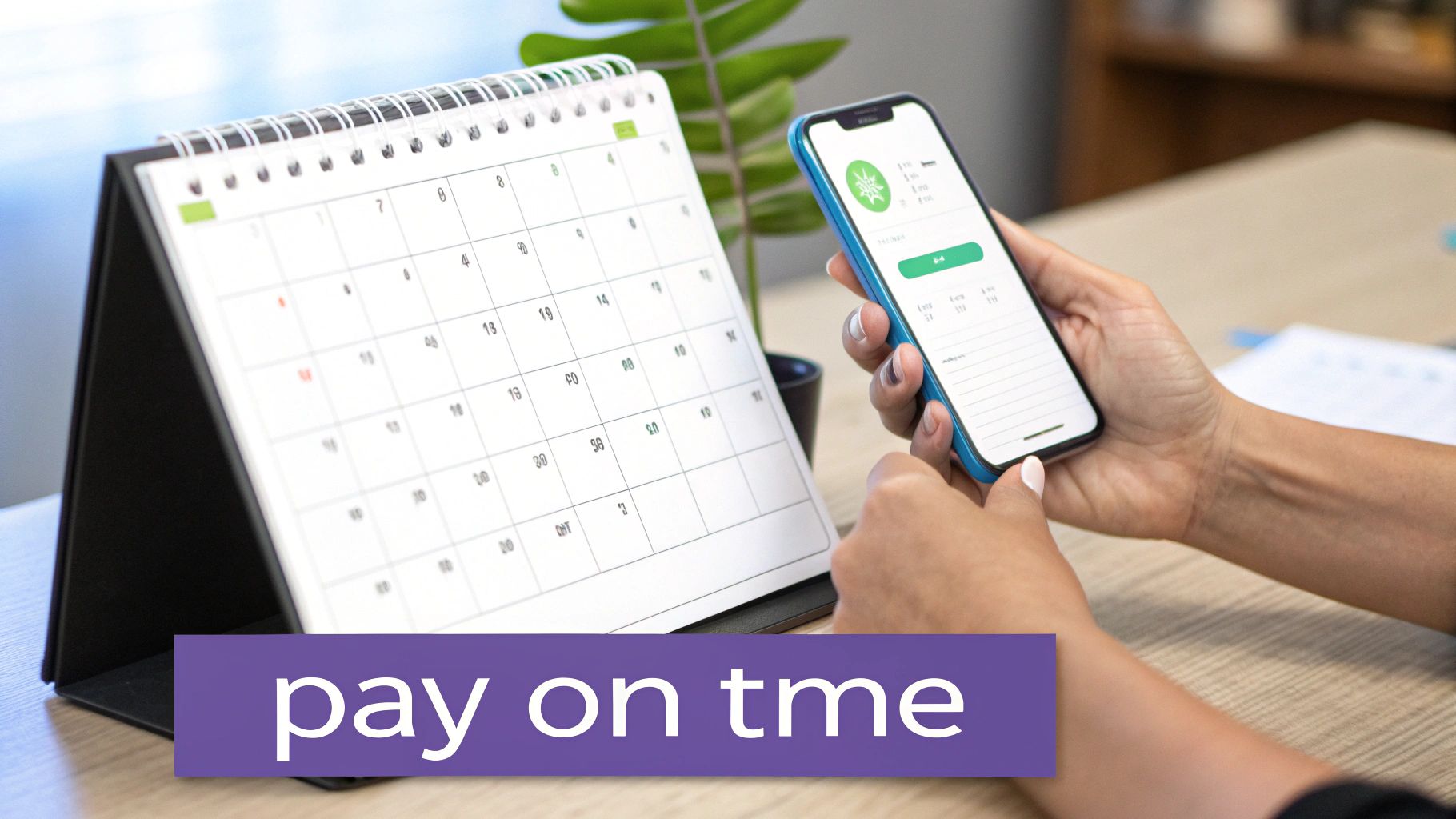 Hands hold a smartphone displaying a payment app next to a desk calendar, suggesting timely bills.