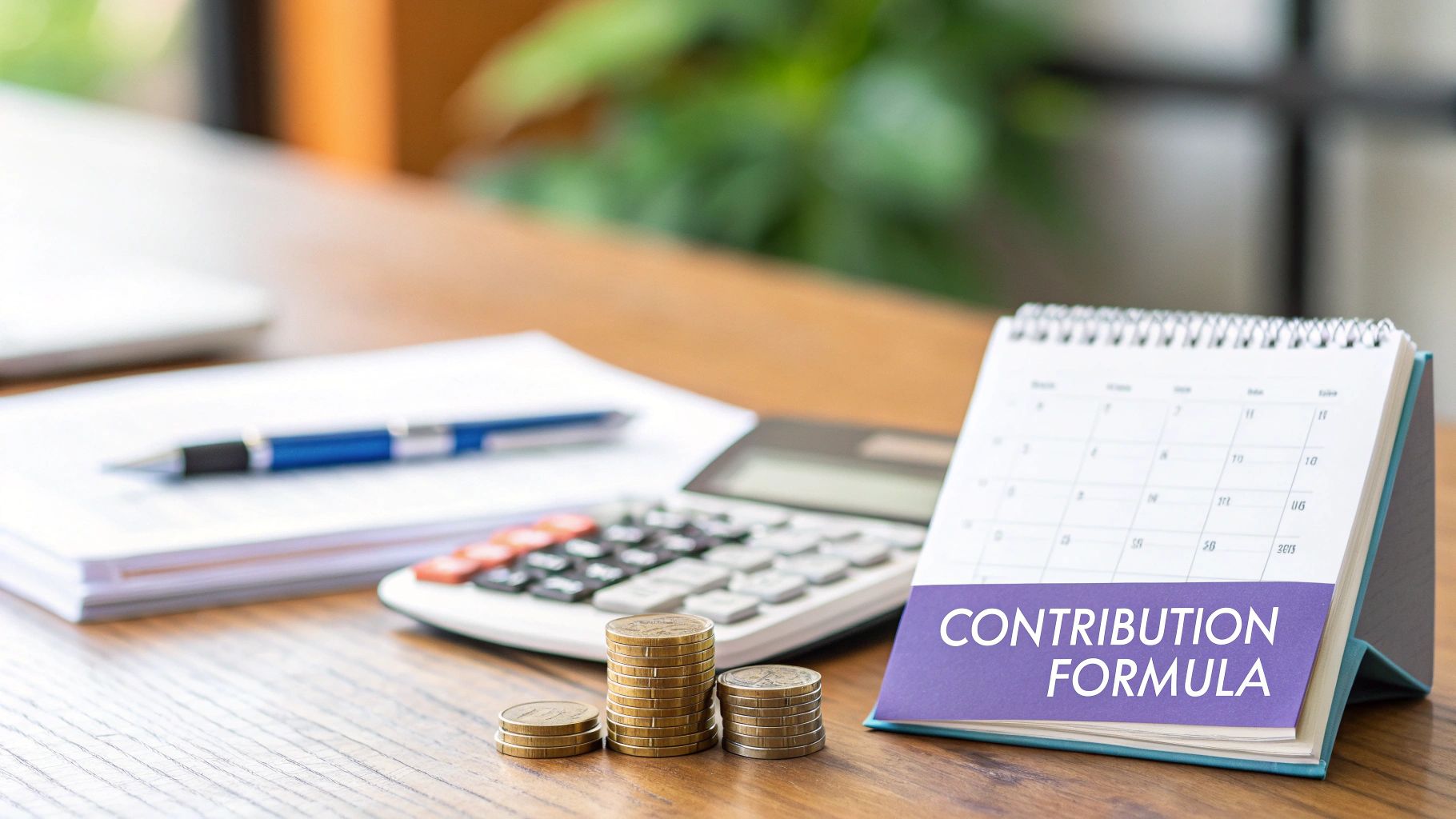 A calculator, stacked coins, pen, and a calendar displaying 'CONTRIBUTION FORMULA' on a wooden desk.