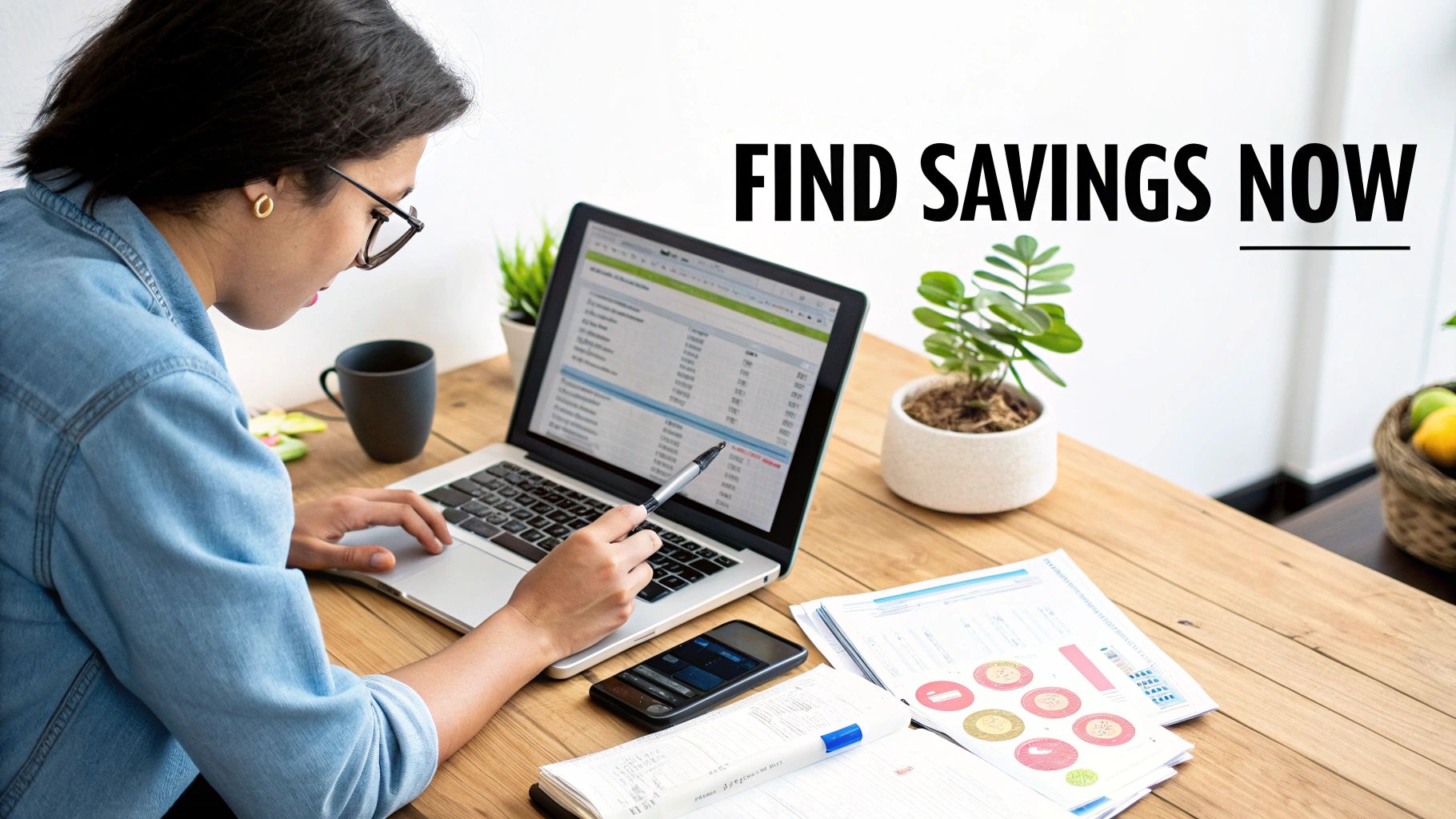 A person in glasses analyzes financial data on a laptop, actively looking for savings at a wooden desk.