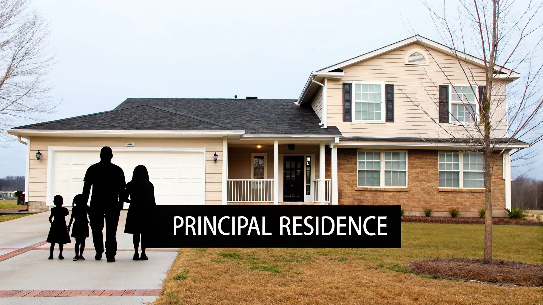 A silhouette of a family walking towards their principal residence, a two-story house with a garage and porch.
