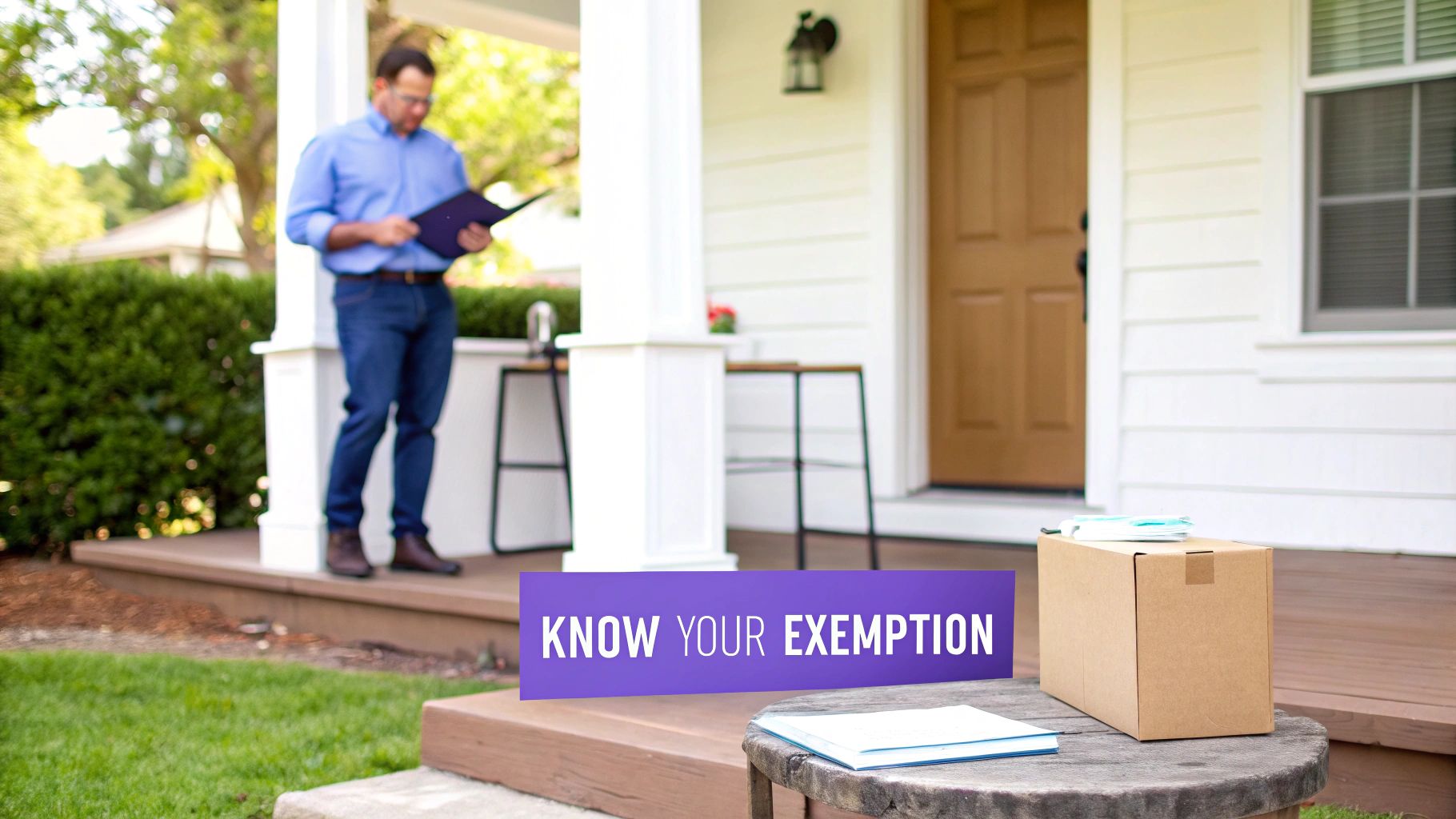 A man on a residential porch holding a folder, with a prominent 'KNOW YOUR EXEMPTION' banner and a package.