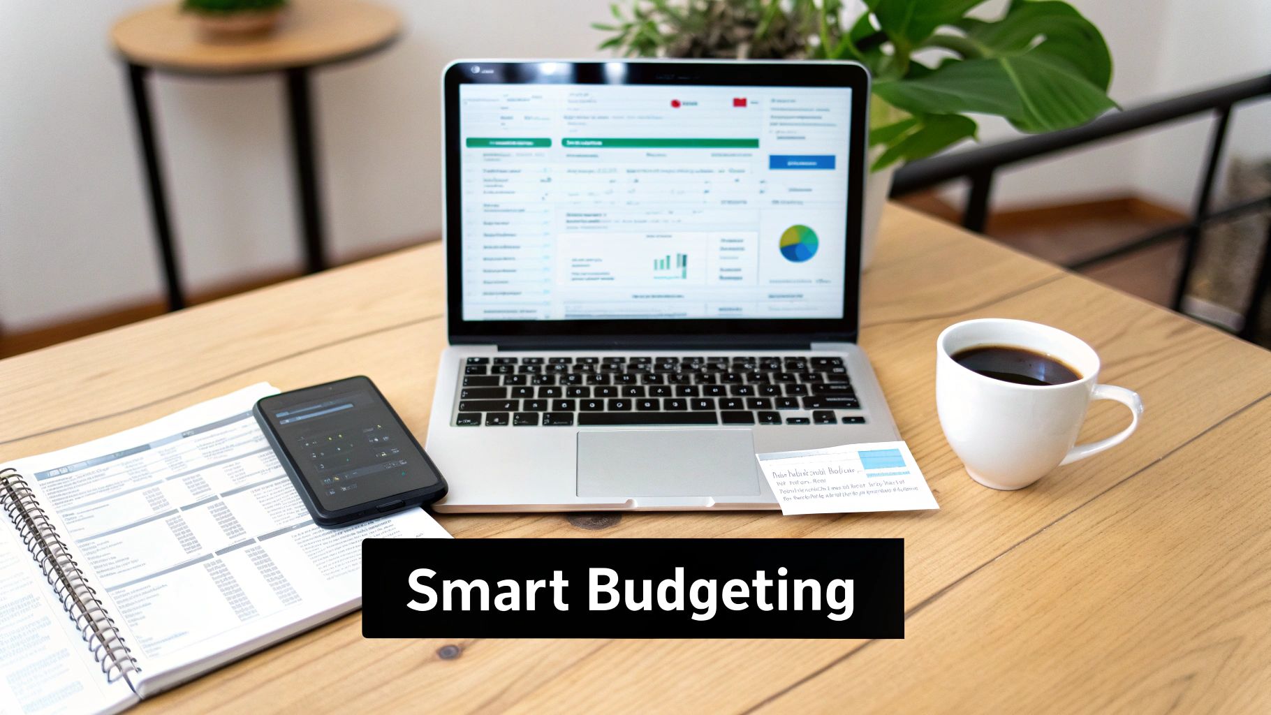 A laptop displays a financial dashboard with charts and data, alongside a phone, notebook, and coffee, representing smart budgeting.