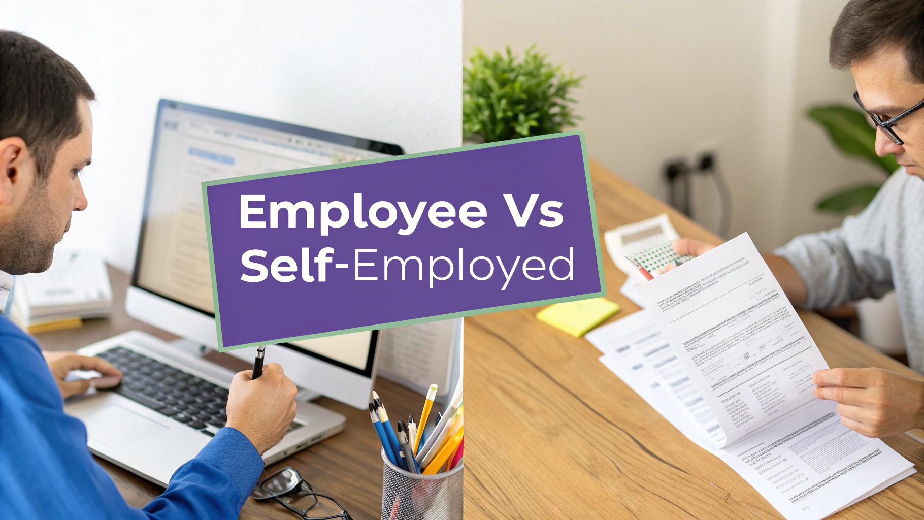 Side-by-side image contrasting an employee working on a computer and a self-employed person reviewing forms.