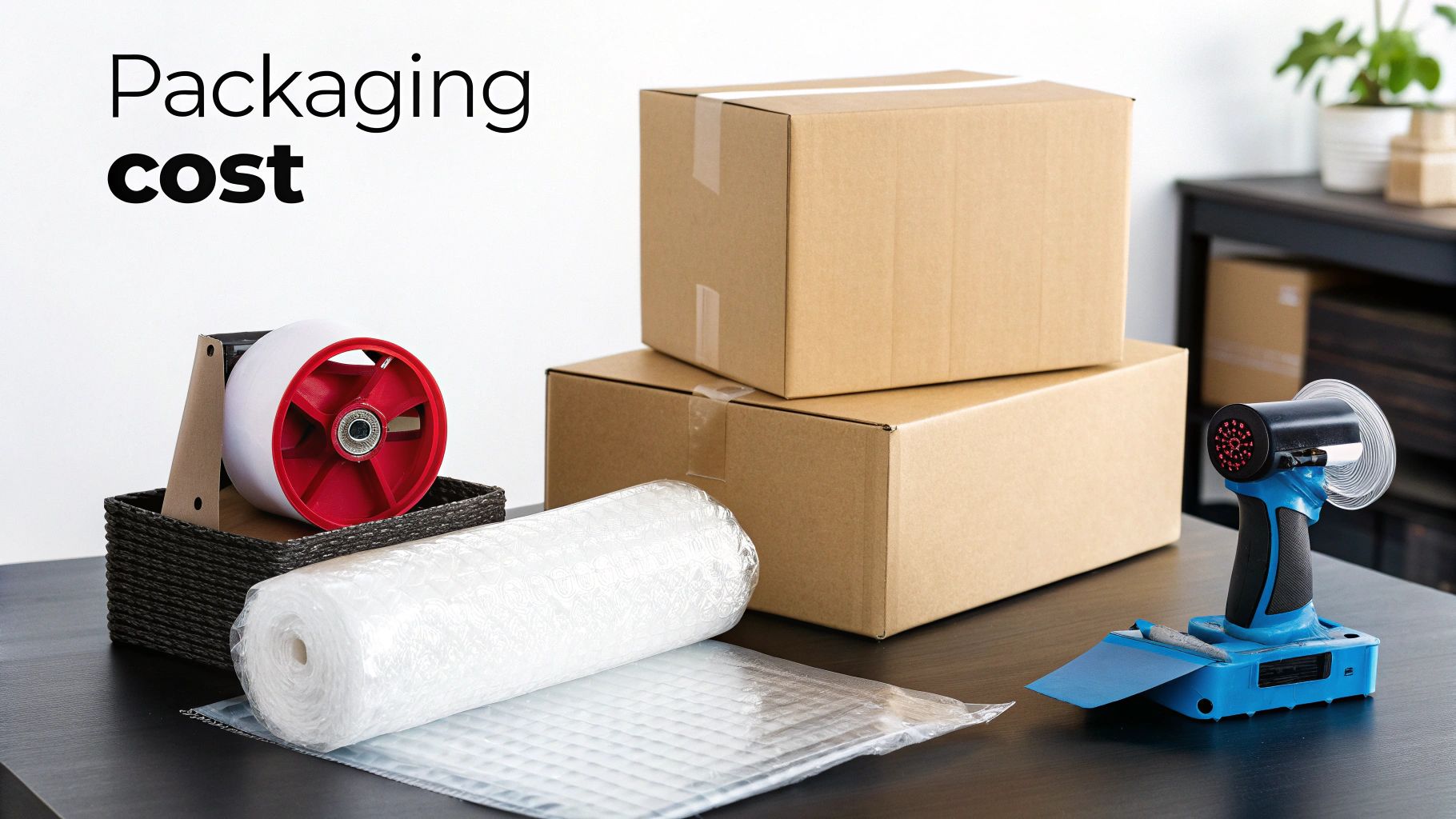 Desk with cardboard boxes, bubble wrap, tape dispenser, and a packaging machine ready for shipping.