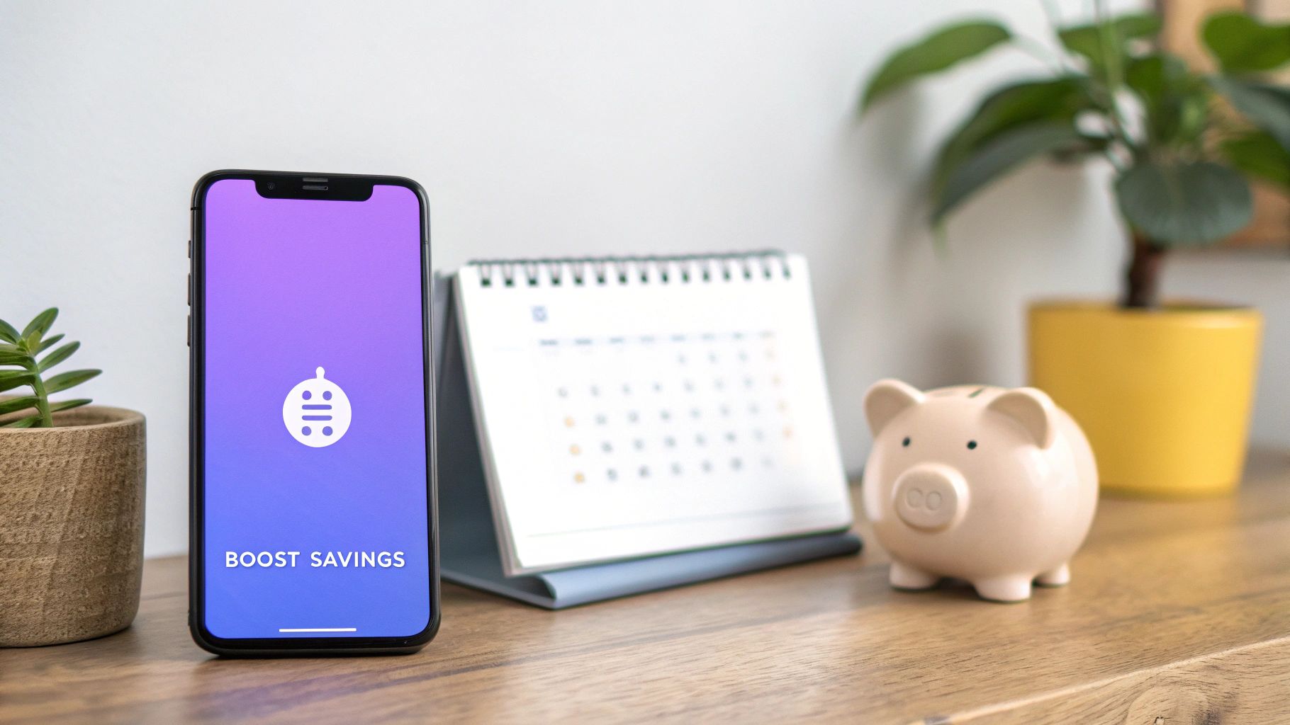A smartphone displaying 'Boost Savings' app next to a calendar, a piggy bank, and plants on a wooden table.