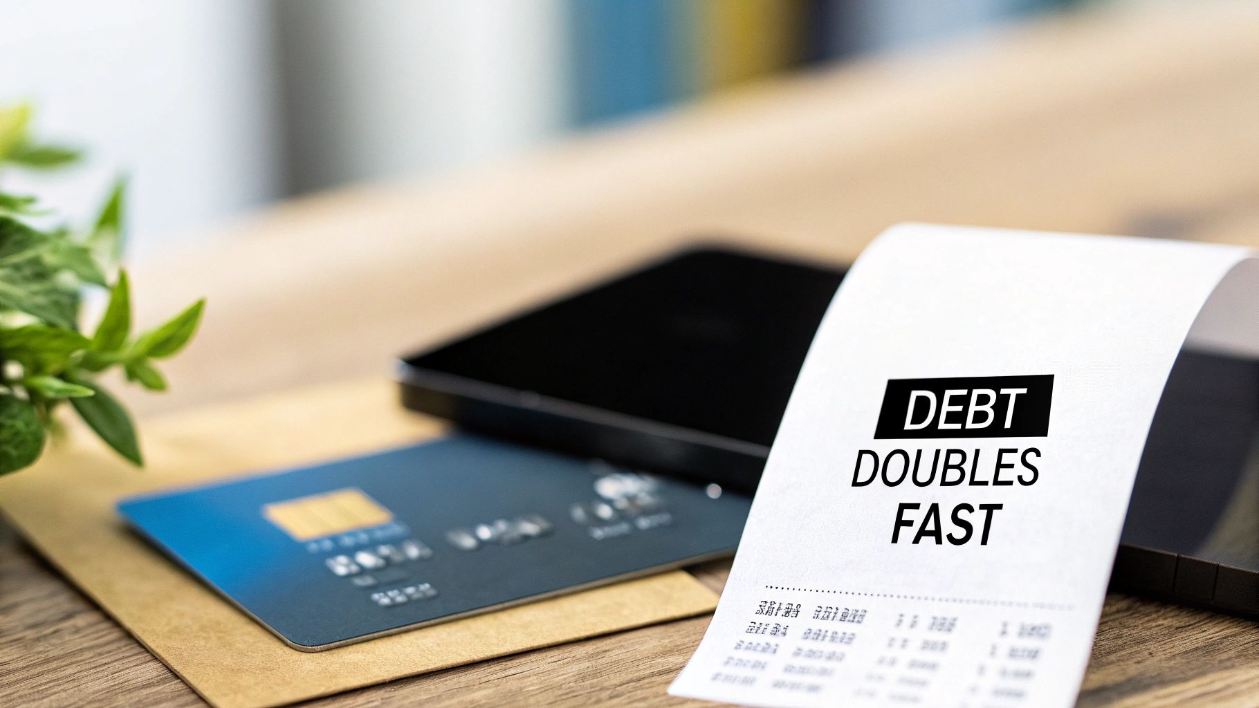 A crumpled receipt displaying 'DEBT DOUBLES FAST' next to a credit card and smartphone on a wooden desk, symbolizing financial warning.
