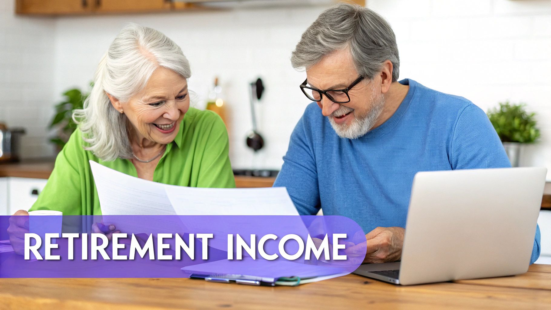 Happy senior couple reviewing retirement income documents and using a laptop at home.