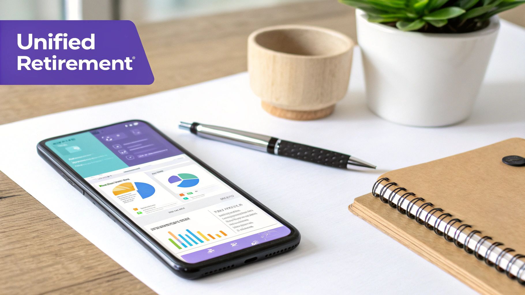 A smartphone displaying a 'Unified Retirement' financial app with charts and data on a white desk.