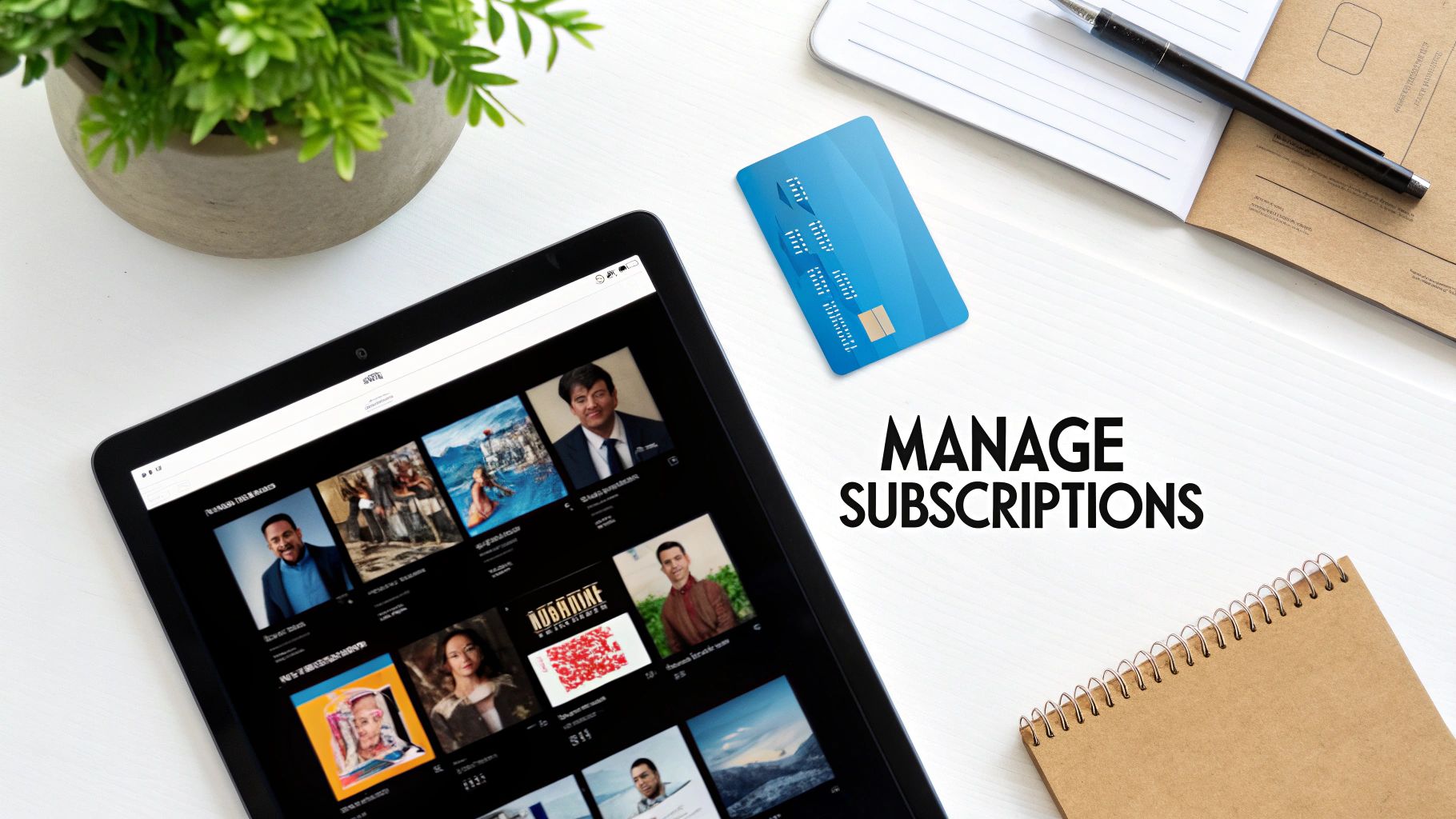 A flat lay shows a tablet, credit card, and notebooks on a white desk with 'MANAGE SUBSCRIPTIONS' overlay.