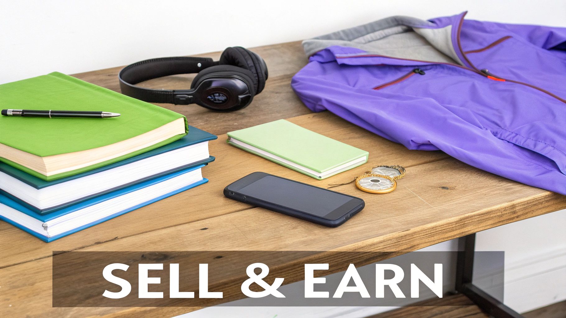 Various items like books, headphones, a phone, and a purple jacket on a wooden table, promoting 'SELL & EARN'.