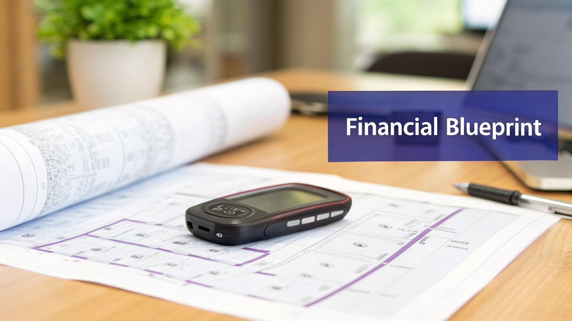 Financial blueprint document, a device, and a pen on a desk, with a laptop in the background.