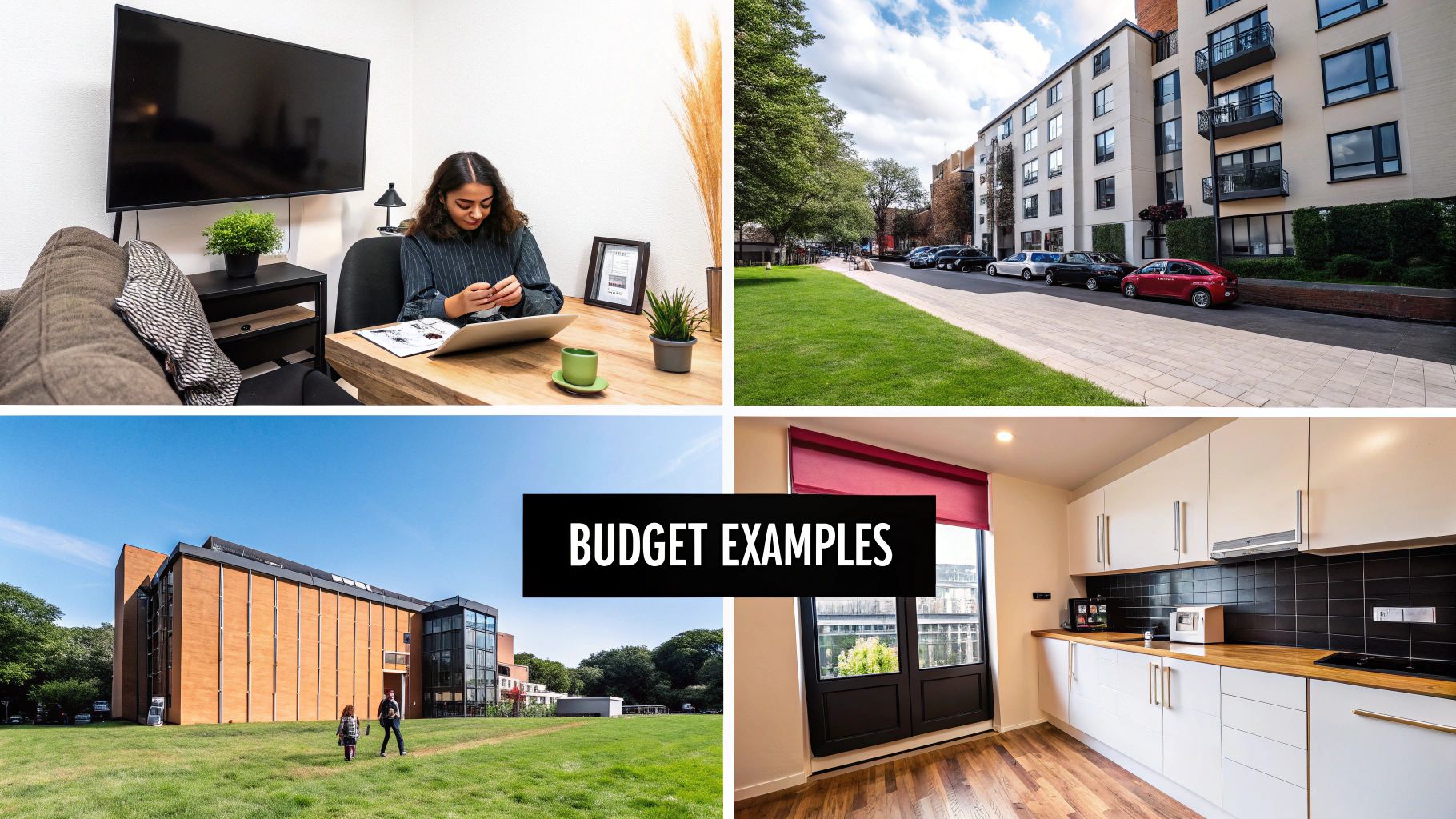A collage showing budget-friendly living spaces: a student room, apartment exterior, campus building, and a modern kitchen.