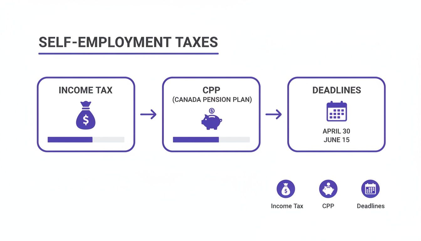 Flowchart illustrating self-employment taxes, including income tax, Canada Pension Plan (CPP), and payment deadlines.
