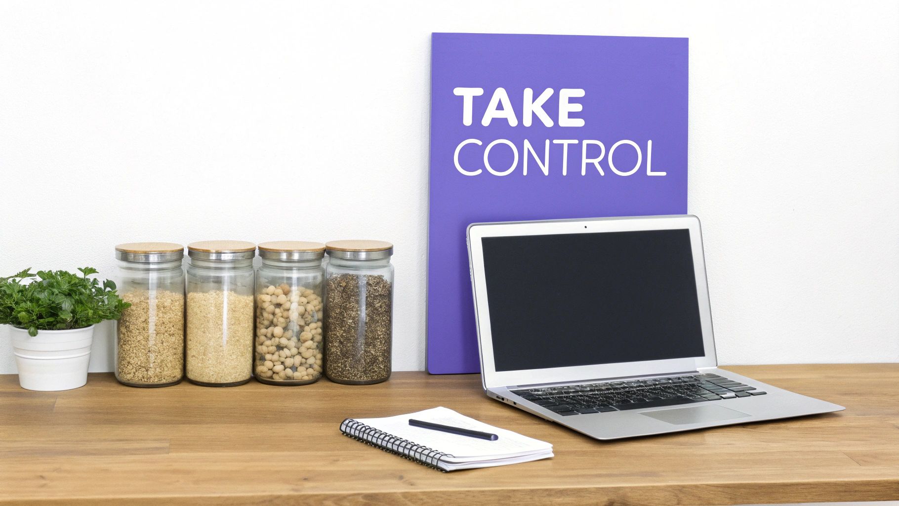 A modern home office desk with a laptop, potted plant, glass jars, and an inspirational sign.