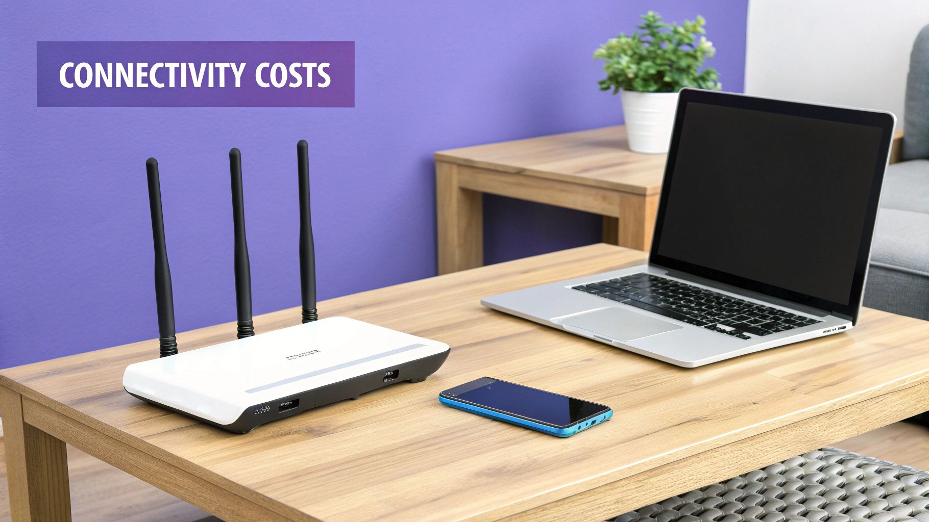 A white wireless router, laptop, and smartphone on a wooden table, illustrating connectivity costs.