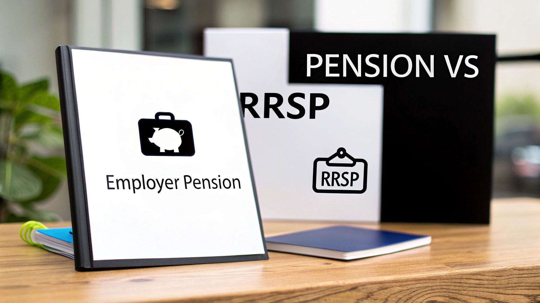 A clear comparison of employer pension and RRSP savings options displayed on signs on a wooden desk.