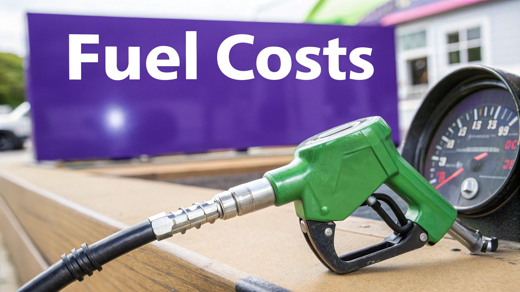 A green fuel pump nozzle rests on a counter, with a blurred 'Fuel Costs' sign in the background.