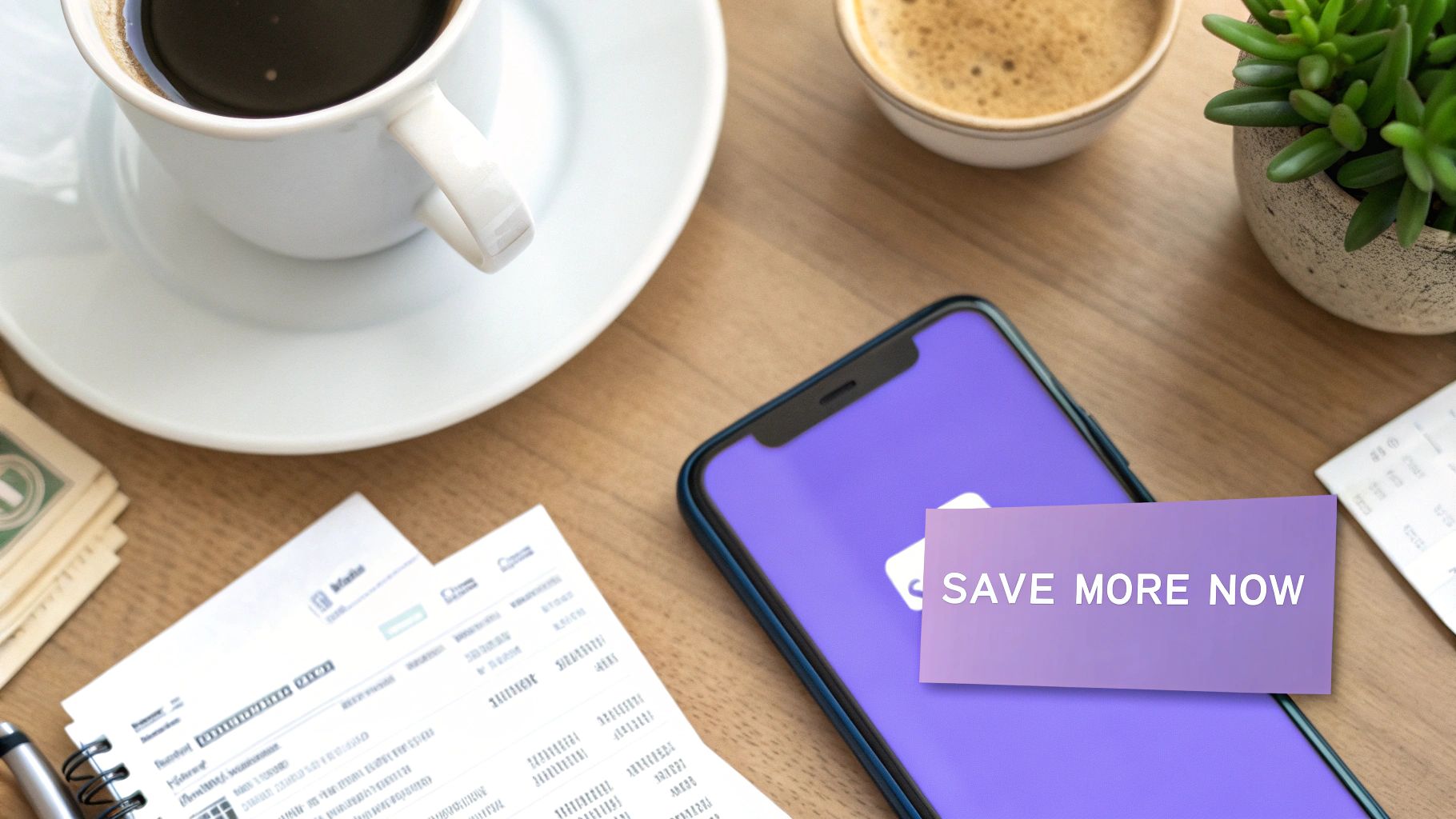 Flat lay showing a smartphone with 'SAVE MORE NOW' on its screen, coffee, and financial documents.