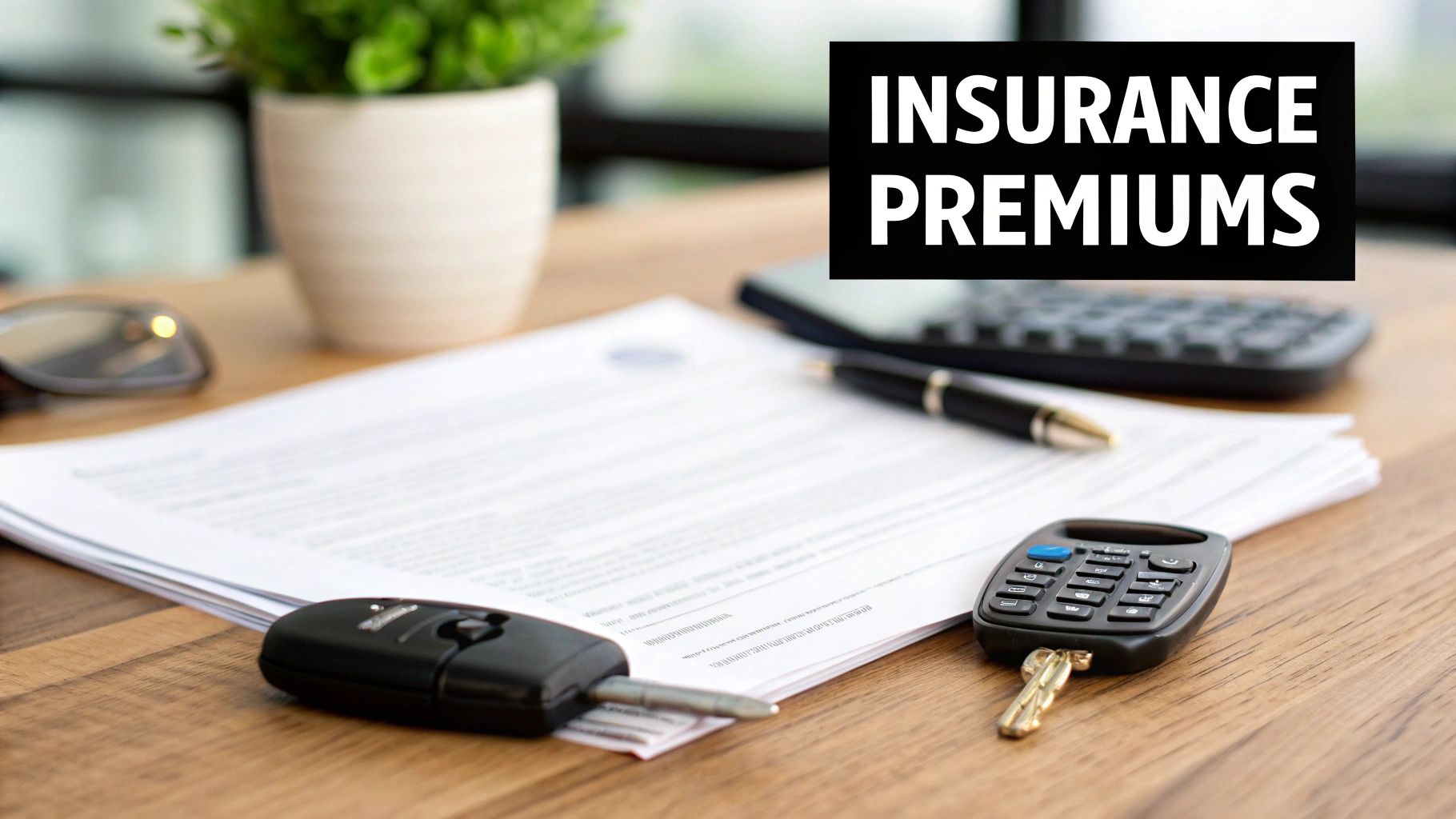 Desk with car keys, insurance documents, pen, and calculator, symbolizing insurance premiums.