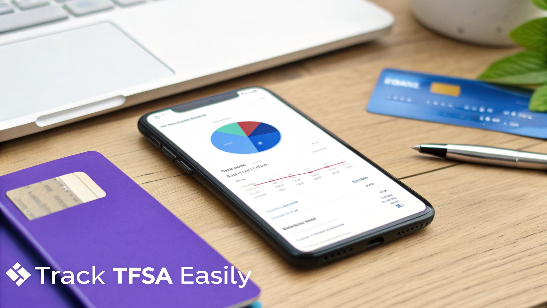 A smartphone on a wooden desk displays financial charts, alongside a laptop, credit card, and notebook, for tracking TFSA.
