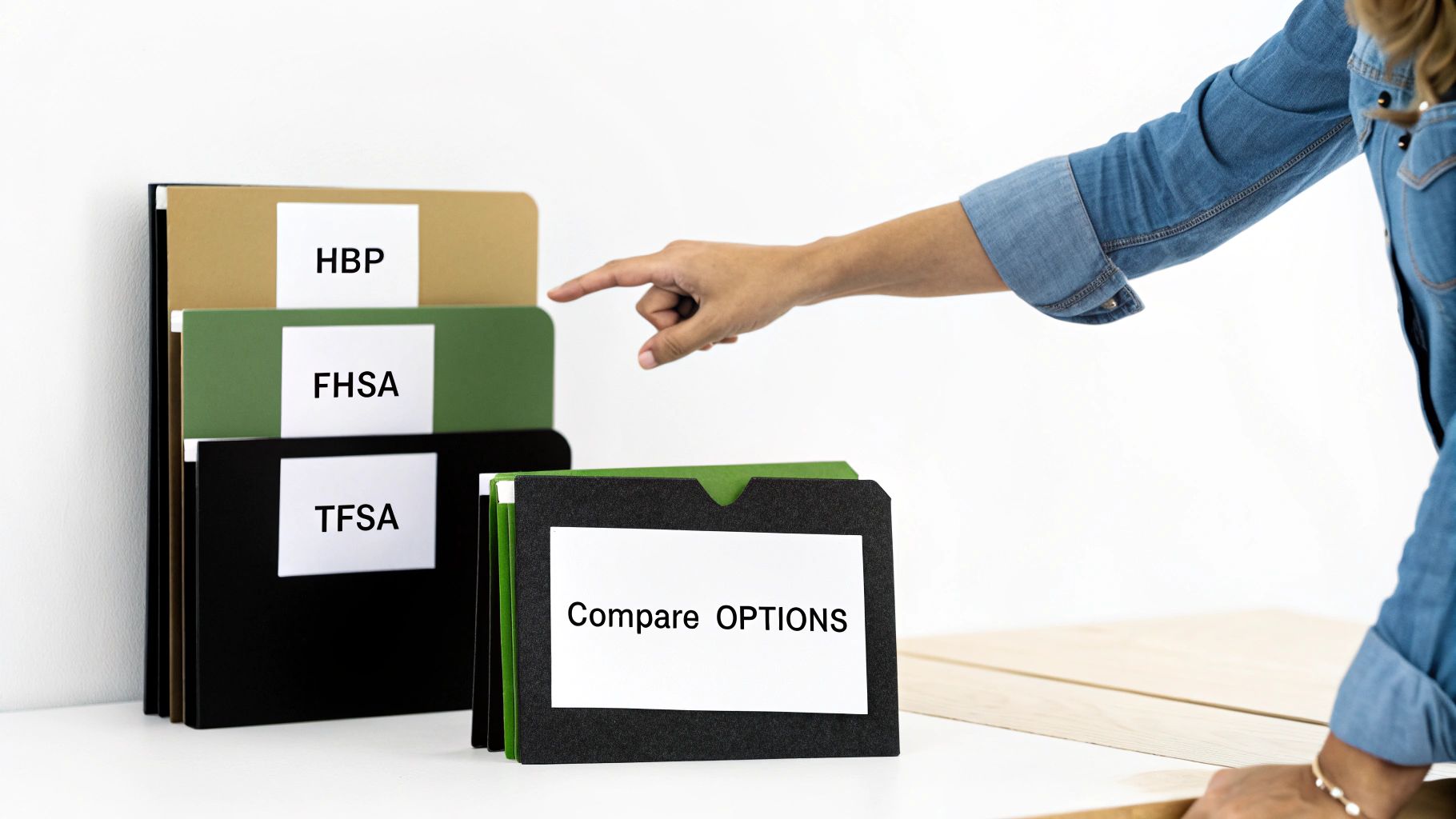 A hand points to file folders labeled HBP, FHSA, TFSA, and 'Compare OPTIONS' for financial planning.